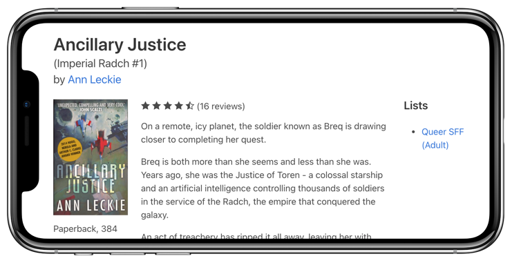 The preview for 'Ancillary Justice' by Ann Leckie on an iPhone screen.